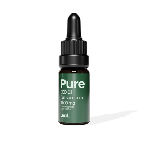CBD oil dropper bottle labeled 'Pure CBD Oil' on a white background