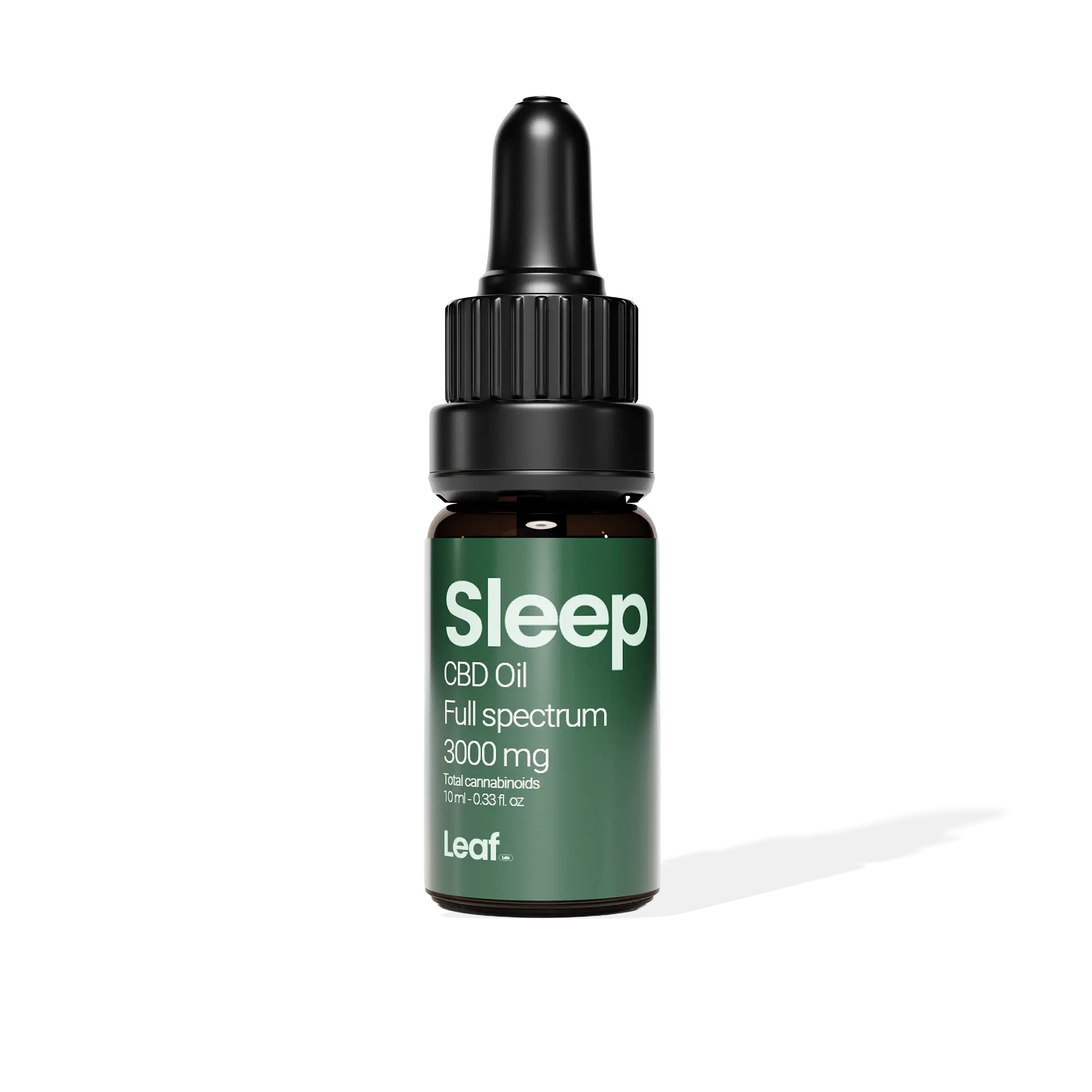 CBD oil dropper bottle labeled 'Sleep' with 'Leaf' branding on a white background