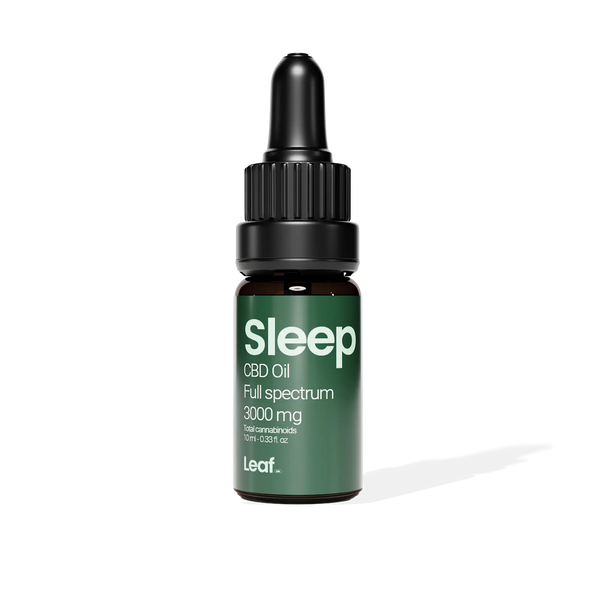 CBD oil dropper bottle labeled 'Sleep' with 'Leaf' branding on a white background